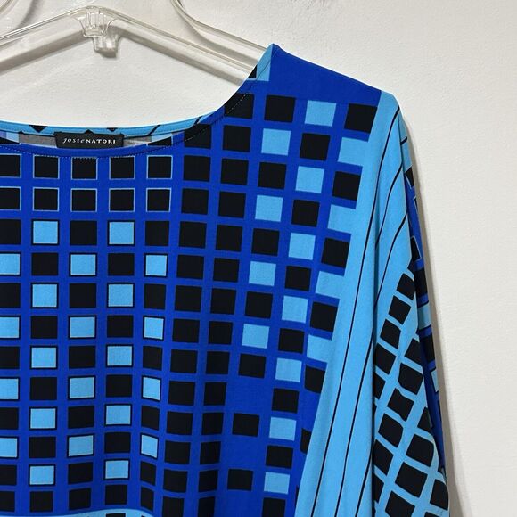 Josie Natori Popover Top Shirt M Stretch Knit Blue Geo Designer Long Sleeve NEW - Picture 3 of 11